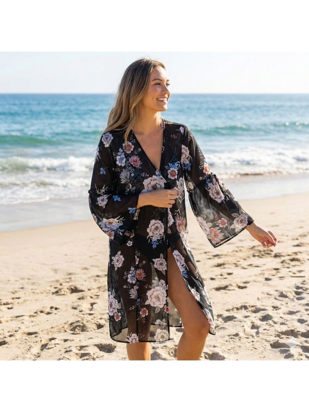 BAND OF GYPSIES Black Floral Kimono / Beach Cover Bell Sleeves Open Front Sz M